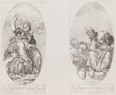 Veronese etching from 1682 Venice ruling the world / Youth and Old Age